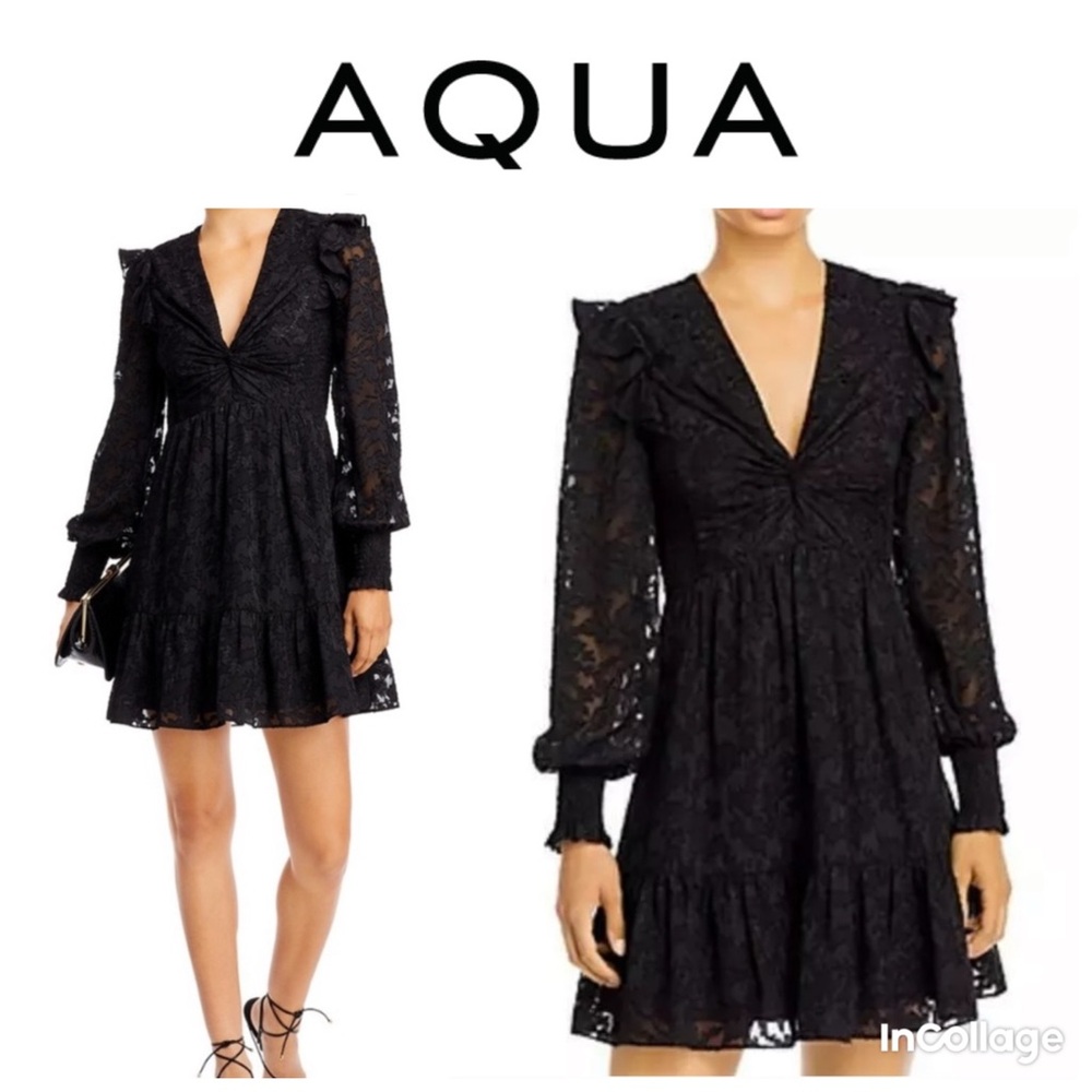 Aqua Extended Shoulder Long Sleeve Lace Dress